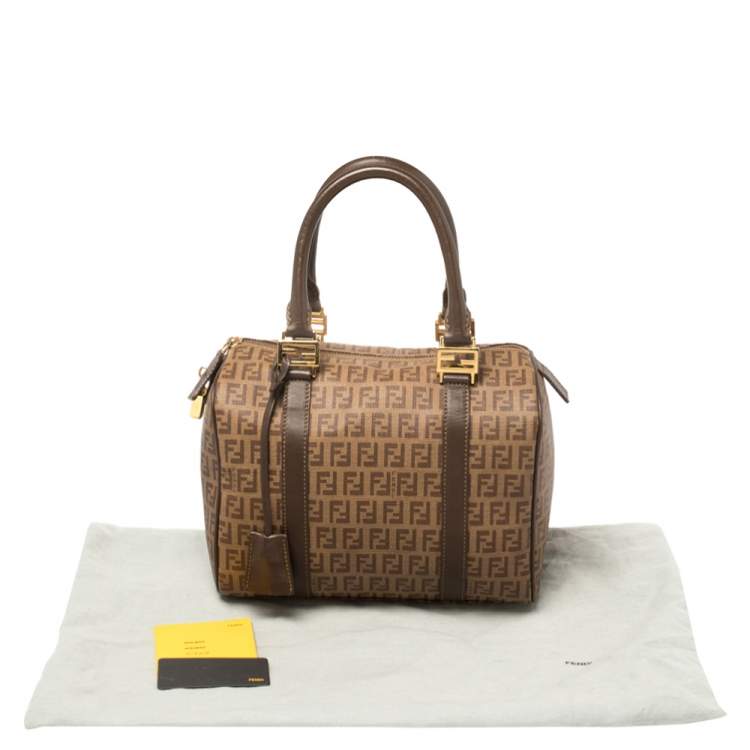 Pre Owned Fendi Brown Zucchino Coated Canvas and Leather Small Forever Bauletto Boston Bag