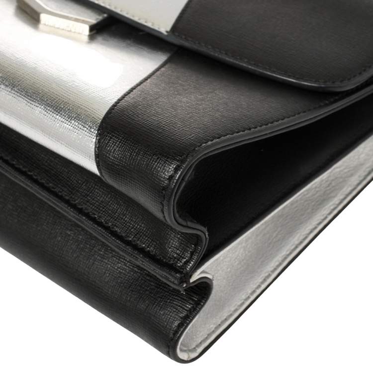 Pre Owned Fendi Black/Silver Textured Leather Small Demi Jour Top Handle Bag