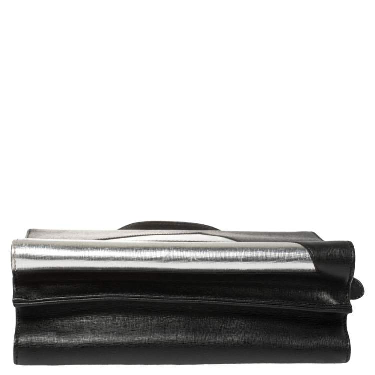 Pre Owned Fendi Black/Silver Textured Leather Small Demi Jour Top Handle Bag