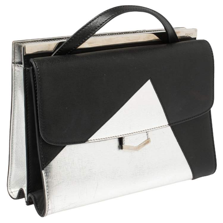 Pre Owned Fendi Black/Silver Textured Leather Small Demi Jour Top Handle Bag