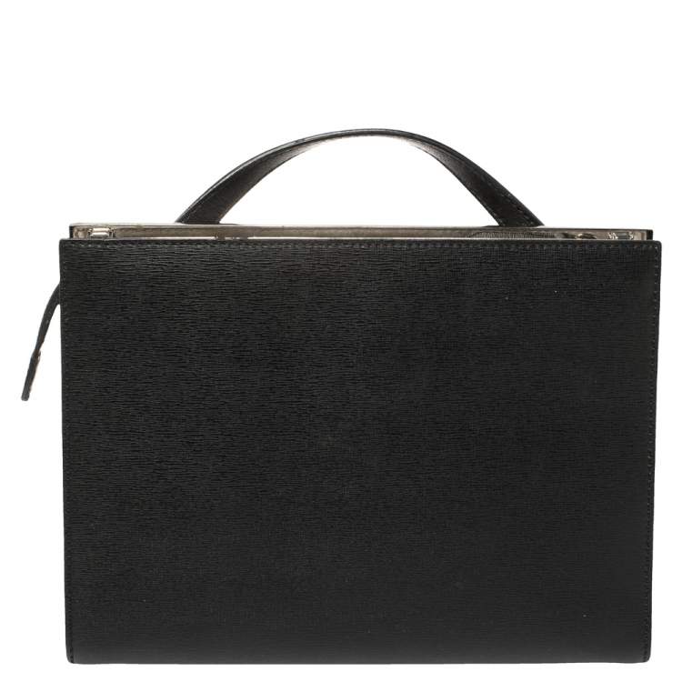 Pre Owned Fendi Black/Silver Textured Leather Small Demi Jour Top Handle Bag