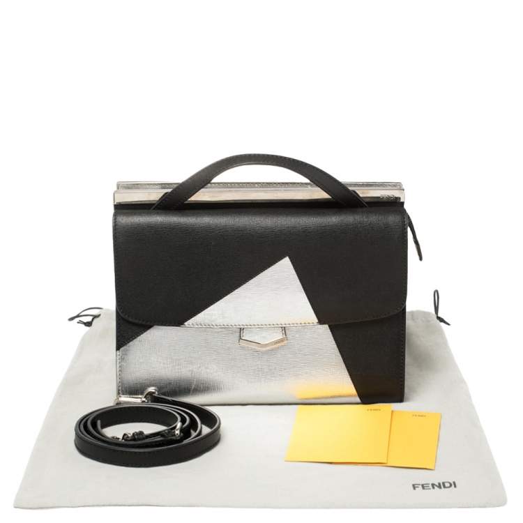 Pre Owned Fendi Black/Silver Textured Leather Small Demi Jour Top Handle Bag