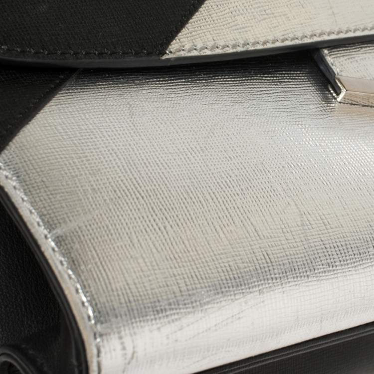 Pre Owned Fendi Black/Silver Textured Leather Small Demi Jour Top Handle Bag