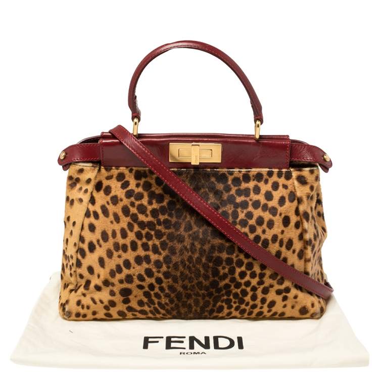 Pre Owned Fendi Brown/Burgundy Calf Hair and Leather Medium Peekaboo Top Handle Bag