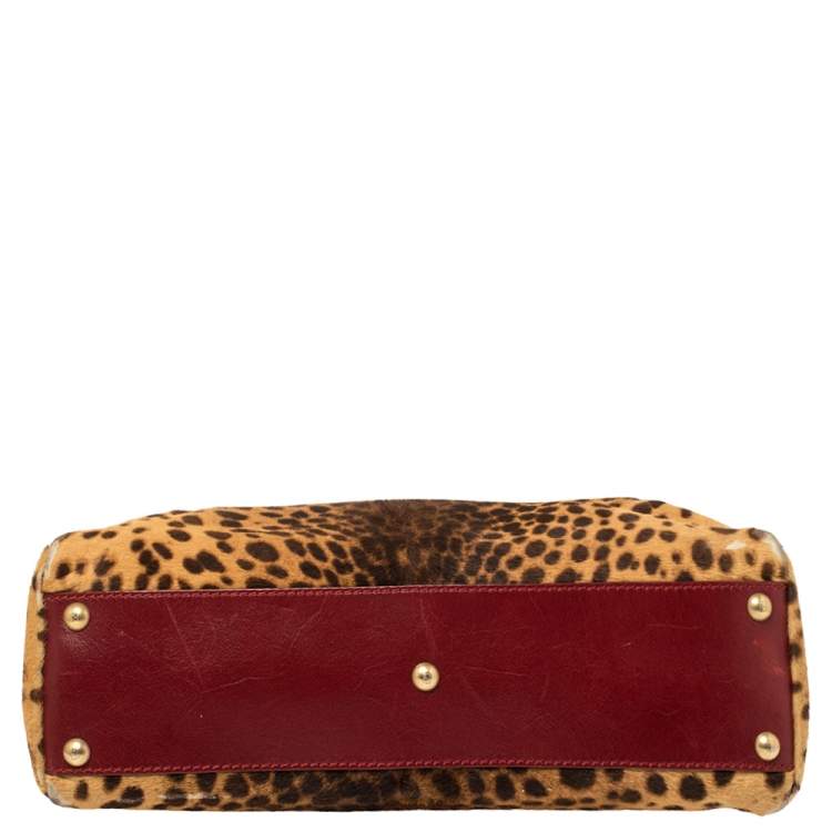 Pre Owned Fendi Brown/Burgundy Calf Hair and Leather Medium Peekaboo Top Handle Bag