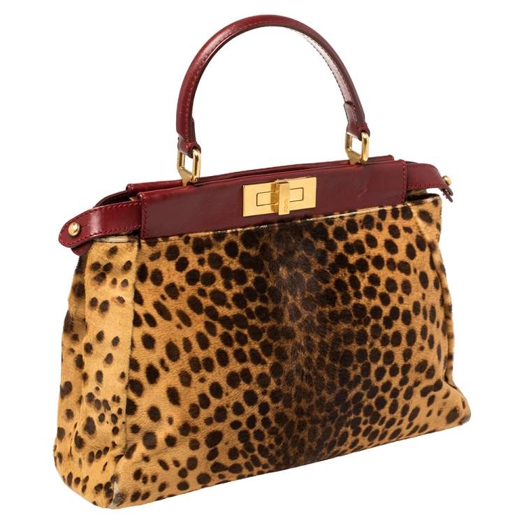 Pre Owned Fendi Brown/Burgundy Calf Hair and Leather Medium Peekaboo Top Handle Bag