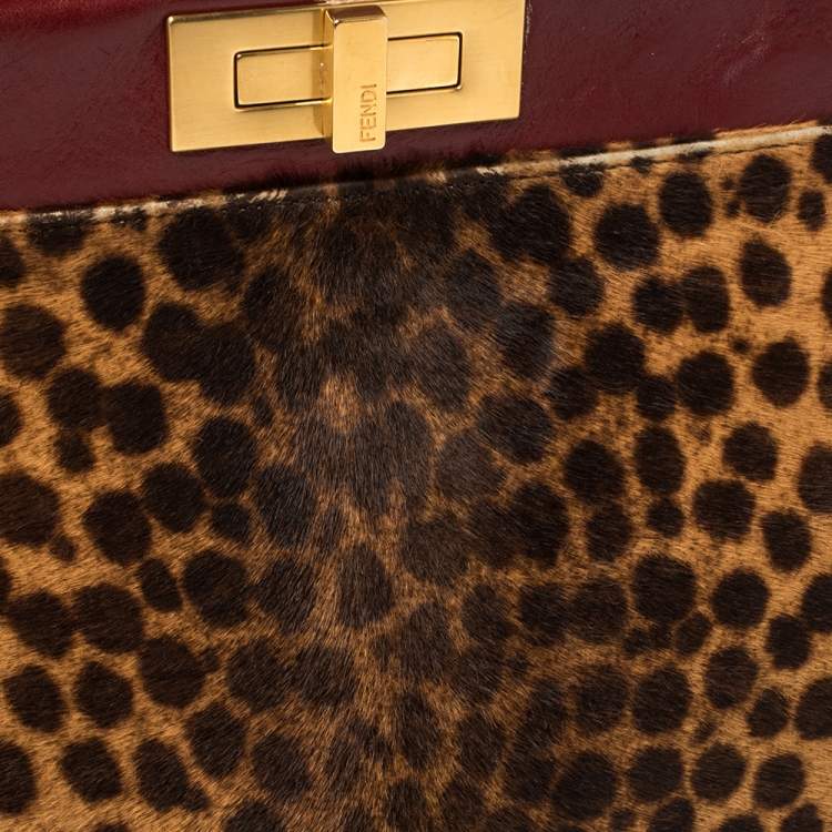 Pre Owned Fendi Brown/Burgundy Calf Hair and Leather Medium Peekaboo Top Handle Bag