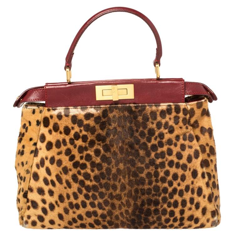 Pre Owned Fendi Brown/Burgundy Calf Hair and Leather Medium Peekaboo Top Handle Bag