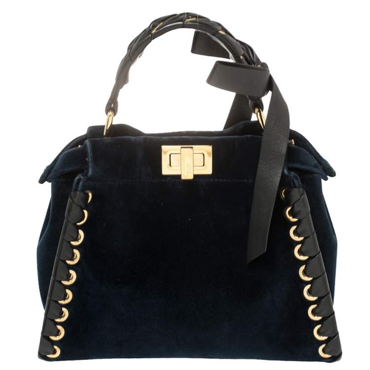 Pre Owned Fendi Blue/Black Velvet And Leather Ribbons Mini Peekaboo Top Handle Bag
