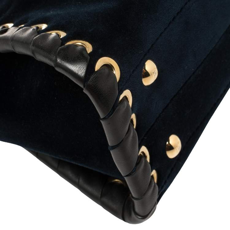 Pre Owned Fendi Blue/Black Velvet And Leather Ribbons Mini Peekaboo Top Handle Bag
