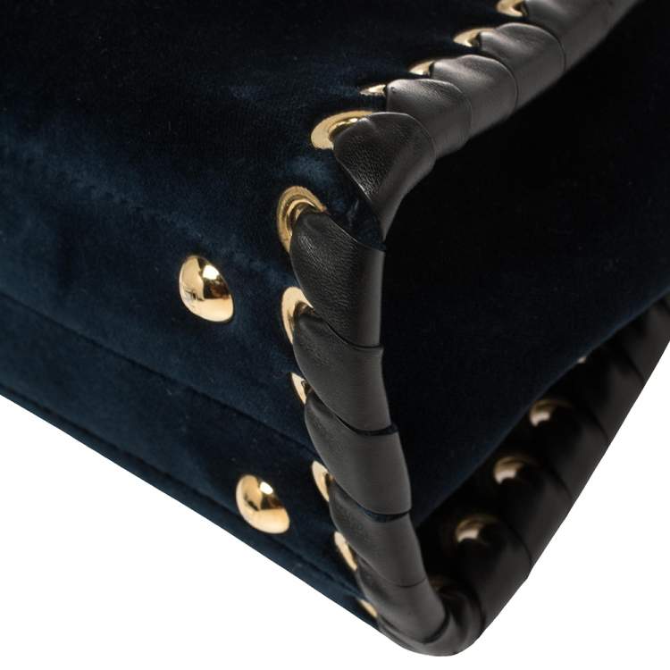 Pre Owned Fendi Blue/Black Velvet And Leather Ribbons Mini Peekaboo Top Handle Bag