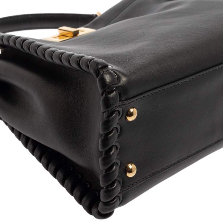 Pre Owned Fendi Black Leather Medium Whipstitched Peekaboo Top Handle Bag