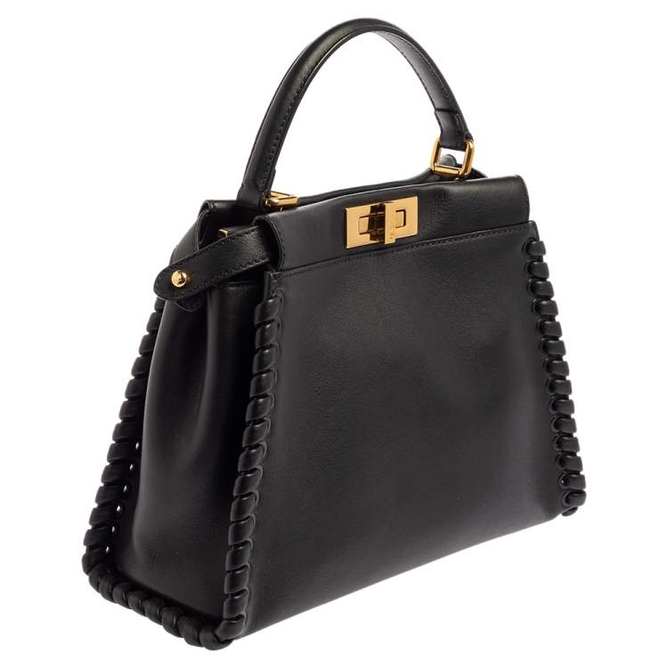 Pre Owned Fendi Black Leather Medium Whipstitched Peekaboo Top Handle Bag