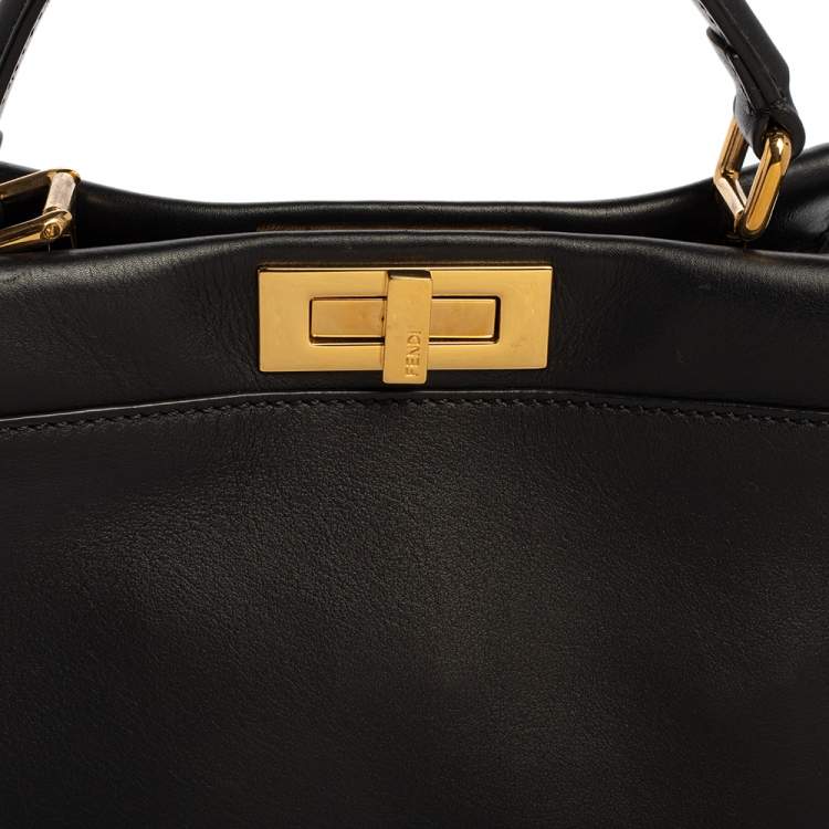 Pre Owned Fendi Black Leather Medium Whipstitched Peekaboo Top Handle Bag