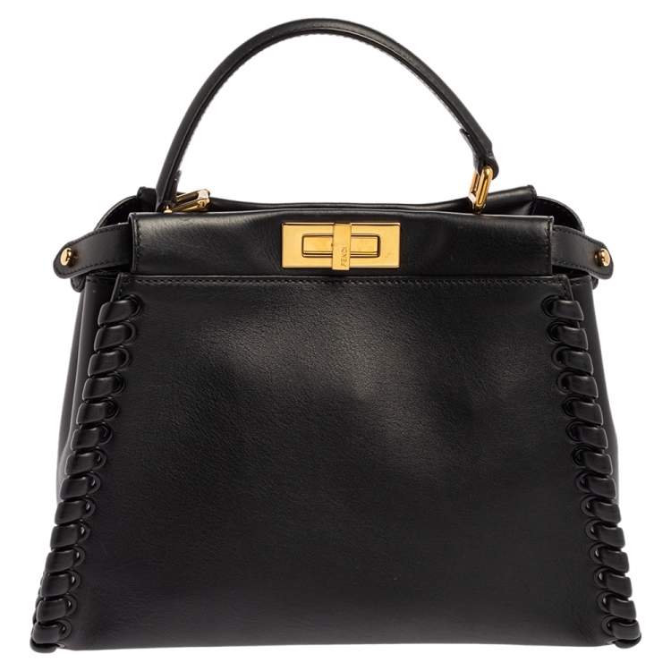 Pre Owned Fendi Black Leather Medium Whipstitched Peekaboo Top Handle Bag