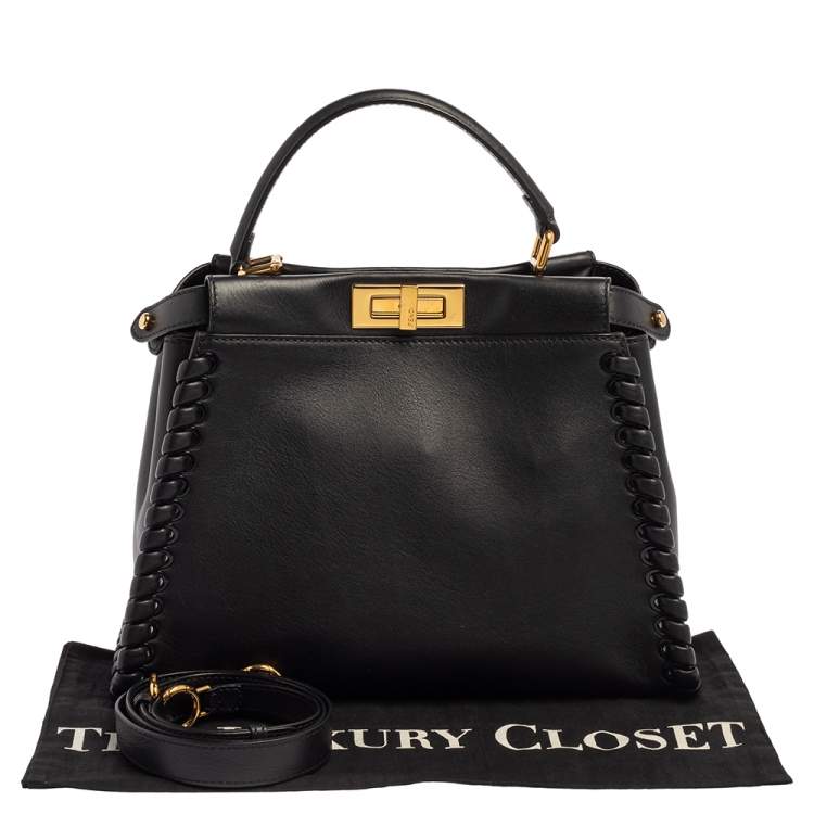 Pre Owned Fendi Black Leather Medium Whipstitched Peekaboo Top Handle Bag
