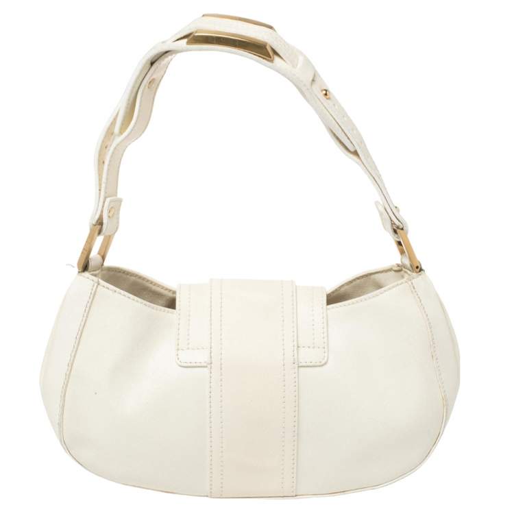 Pre Owned Fendi White Leather Logo Flap Baguette Bag
