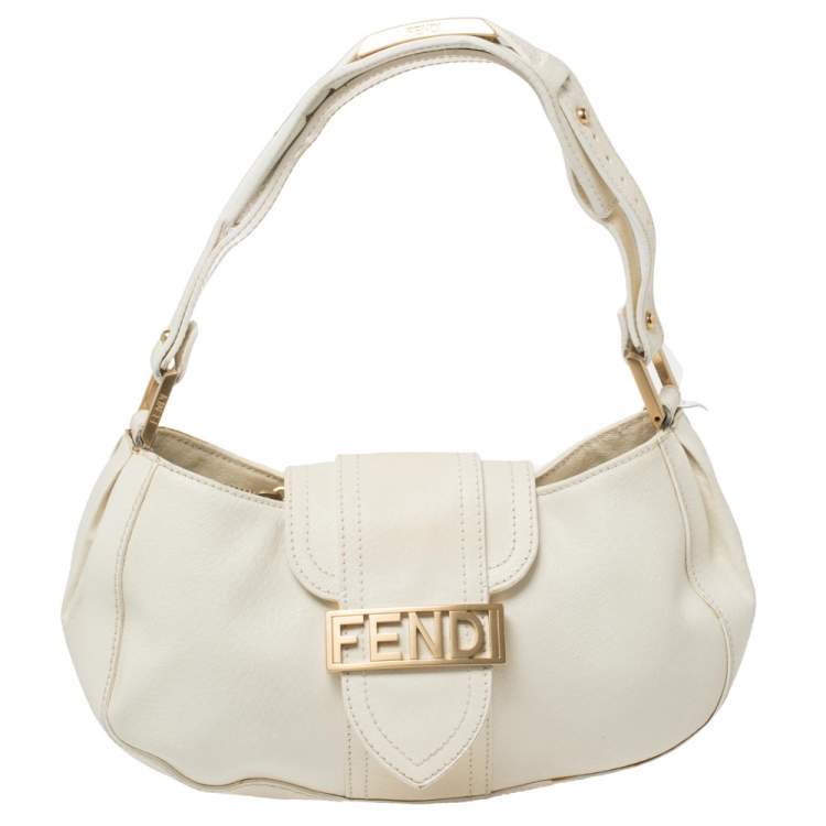 Pre Owned Fendi White Leather Logo Flap Baguette Bag
