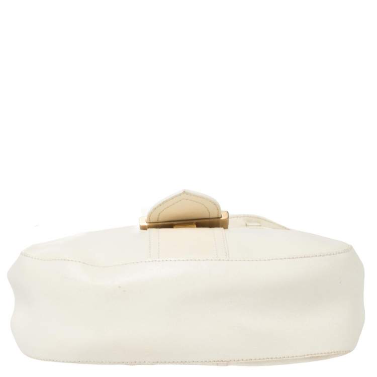 Pre Owned Fendi White Leather Logo Flap Baguette Bag