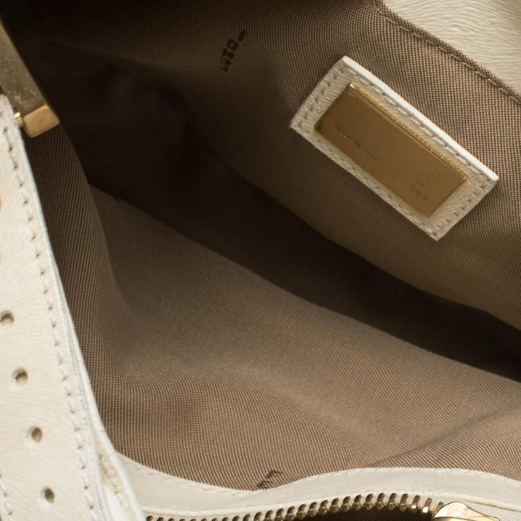 Pre Owned Fendi White Leather Logo Flap Baguette Bag