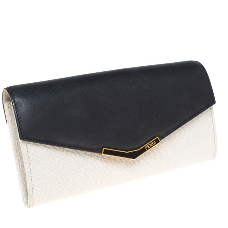 Pre Owned Fendi Off White/Black Leather Envelope Continental Wallet