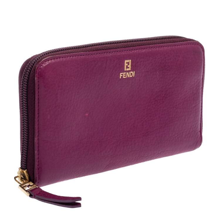 Pre Owned Fendi Purple Leather Zip Around Wallet