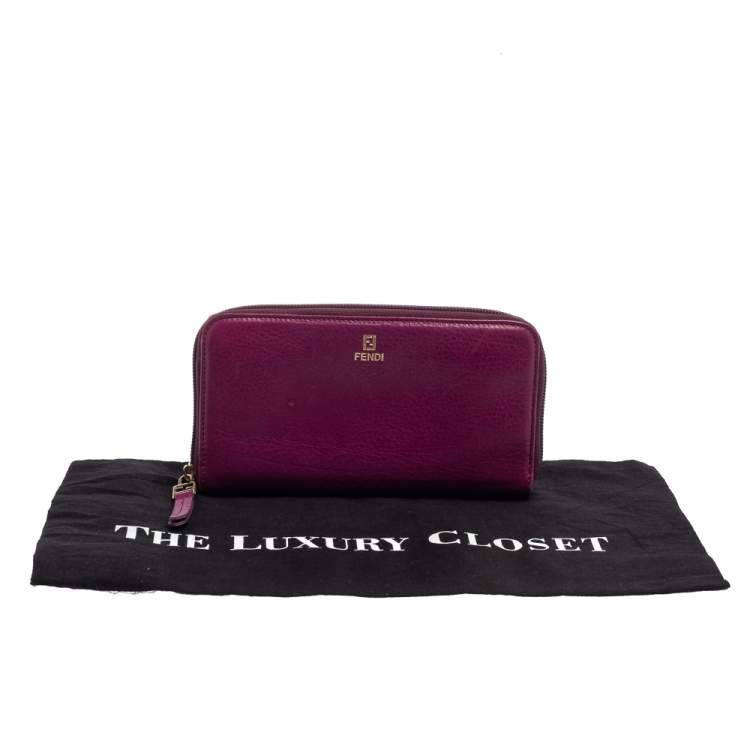 Pre Owned Fendi Purple Leather Zip Around Wallet