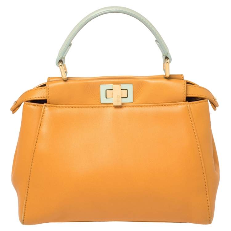 Pre Owned Fendi Orange/Green Leather Mini Peekaboo Top Handle Bag