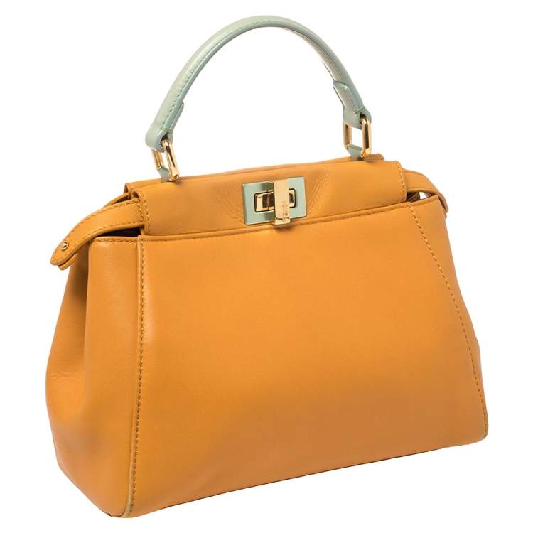 Pre Owned Fendi Orange/Green Leather Mini Peekaboo Top Handle Bag
