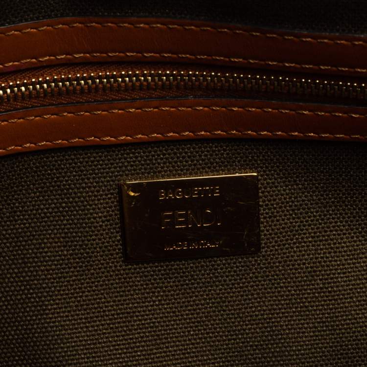 Pre Owned Fendi Military Green Zucca Embroidered Canvas and Leather FF Baguette Bag