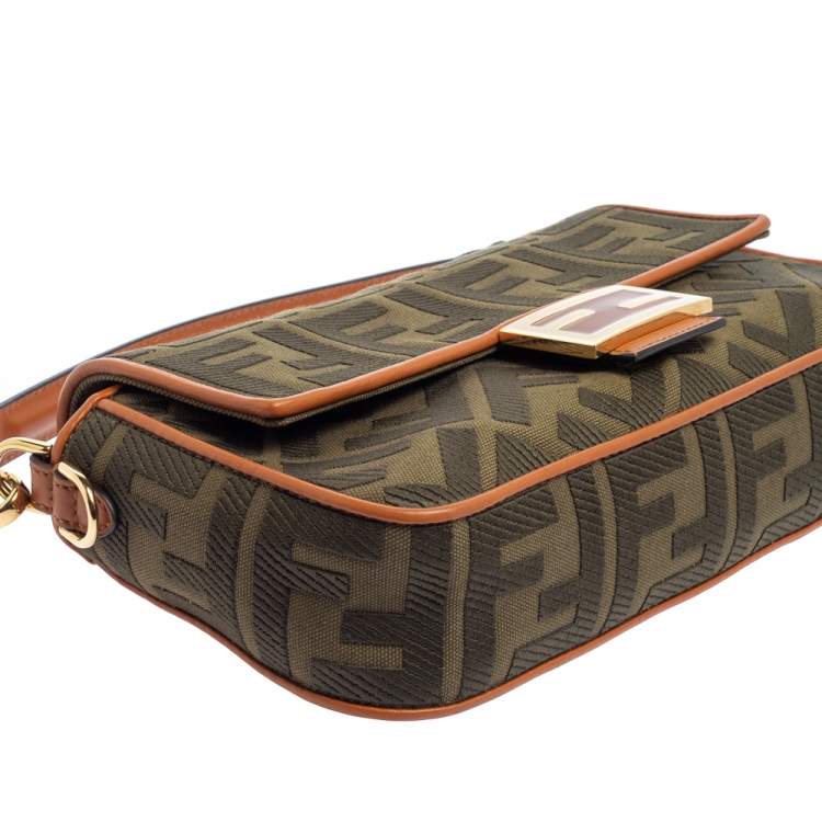Pre Owned Fendi Military Green Zucca Embroidered Canvas and Leather FF Baguette Bag