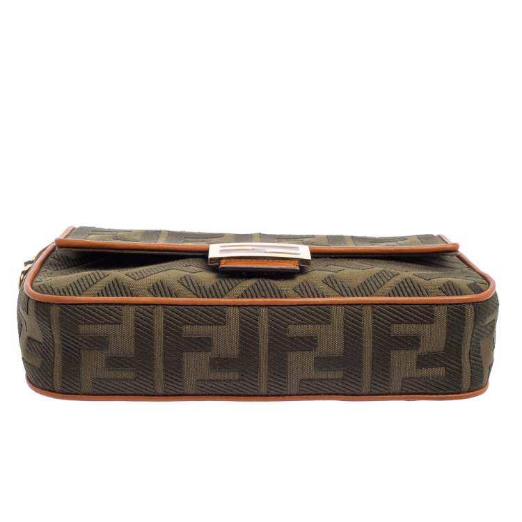 Pre Owned Fendi Military Green Zucca Embroidered Canvas and Leather FF Baguette Bag