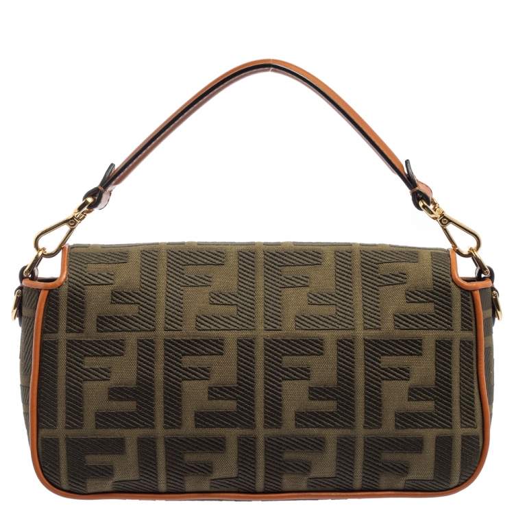 Pre Owned Fendi Military Green Zucca Embroidered Canvas and Leather FF Baguette Bag