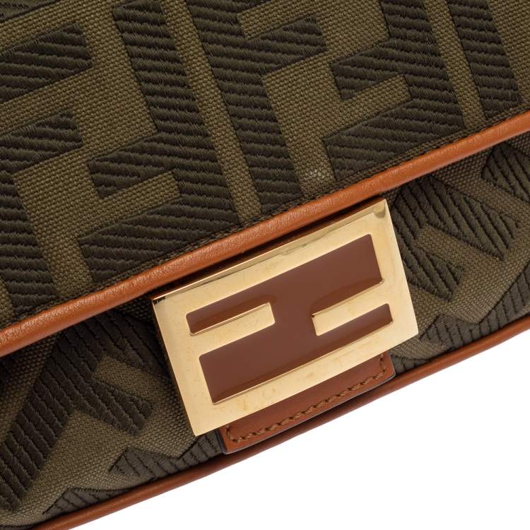 Pre Owned Fendi Military Green Zucca Embroidered Canvas and Leather FF Baguette Bag
