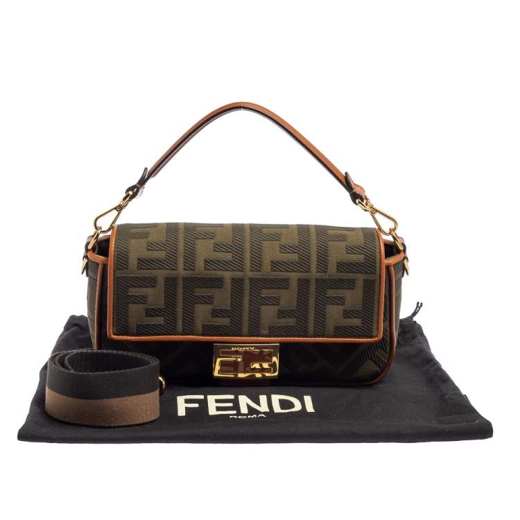 Pre Owned Fendi Military Green Zucca Embroidered Canvas and Leather FF Baguette Bag