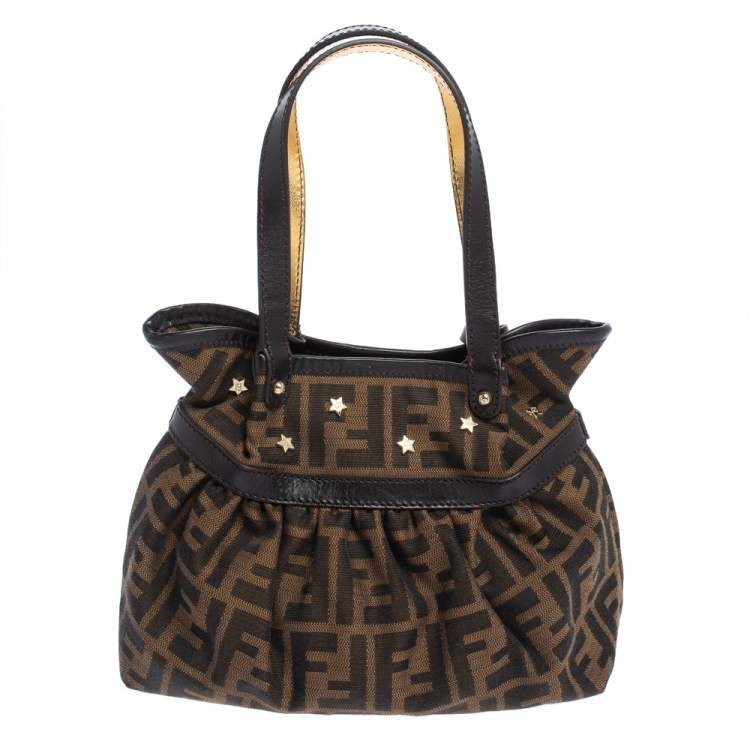 Pre Owned Fendi Tobacco Zucca Canvas Mini Chef Star Studded Tote