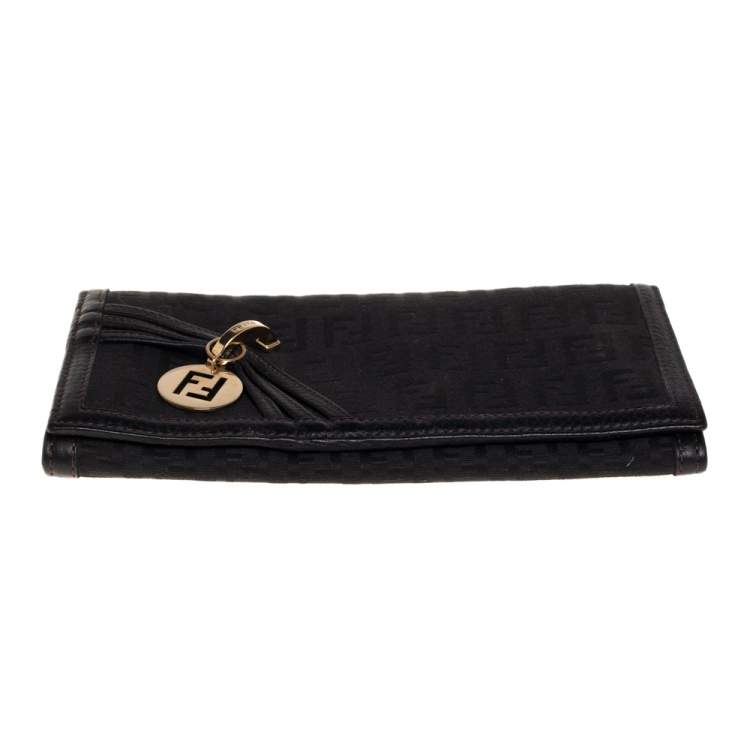 Pre Owned Fendi Black Zucchino Canvas and Leather Flap Continental Wallet