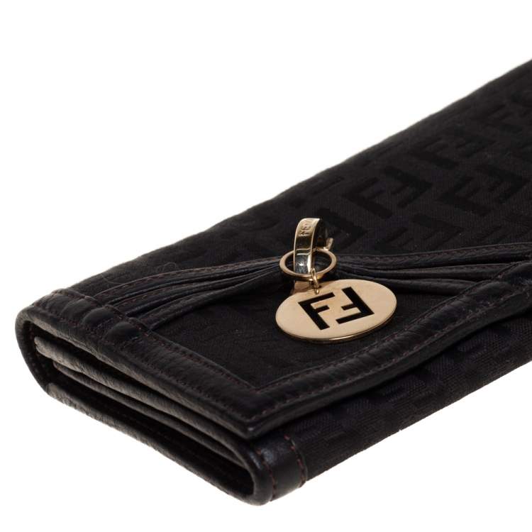 Pre Owned Fendi Black Zucchino Canvas and Leather Flap Continental Wallet