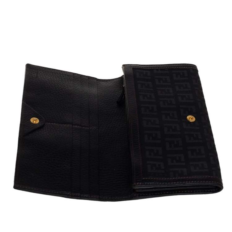 Pre Owned Fendi Black Zucchino Canvas and Leather Flap Continental Wallet