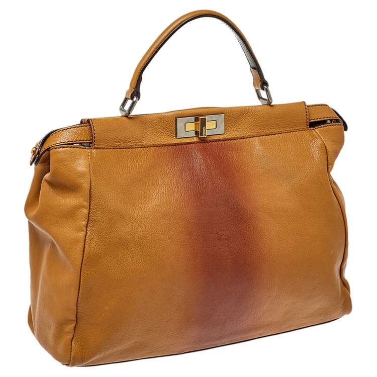 Pre Owned Fendi Tan/Brown Ombre Leather with Calfhair Lining Large Peekaboo Top Handle Bag