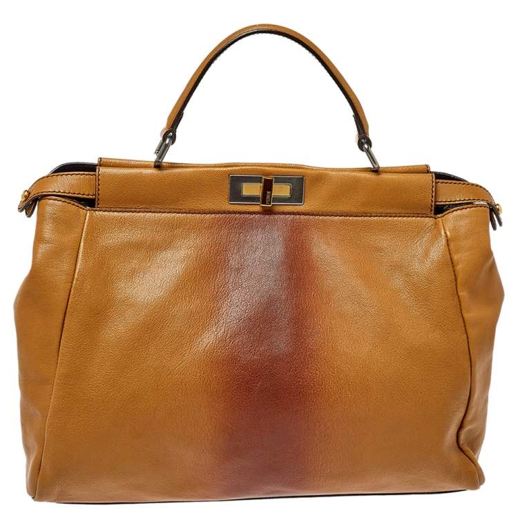 Pre Owned Fendi Tan/Brown Ombre Leather with Calfhair Lining Large Peekaboo Top Handle Bag
