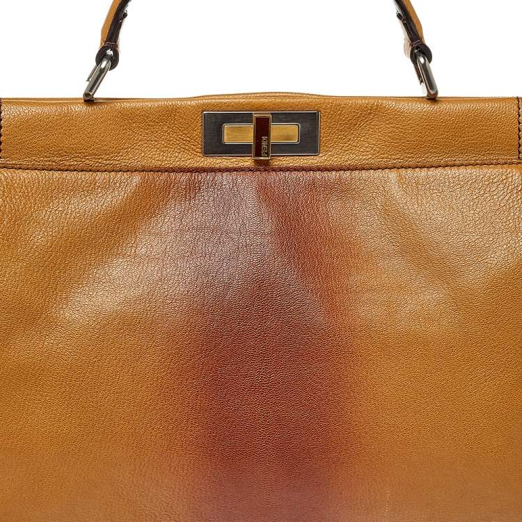 Pre Owned Fendi Tan/Brown Ombre Leather with Calfhair Lining Large Peekaboo Top Handle Bag