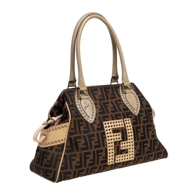 Pre Owned Fendi Tobacco Zucca Grommet Canvas and Nubuck Leather Chef De Jour Bag