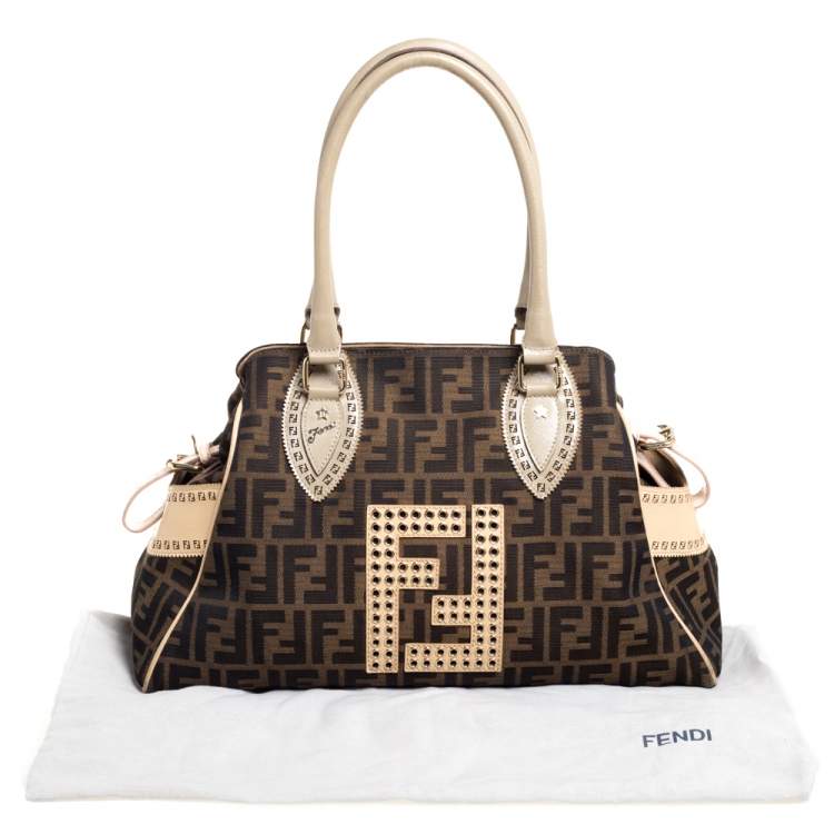 Pre Owned Fendi Tobacco Zucca Grommet Canvas and Nubuck Leather Chef De Jour Bag
