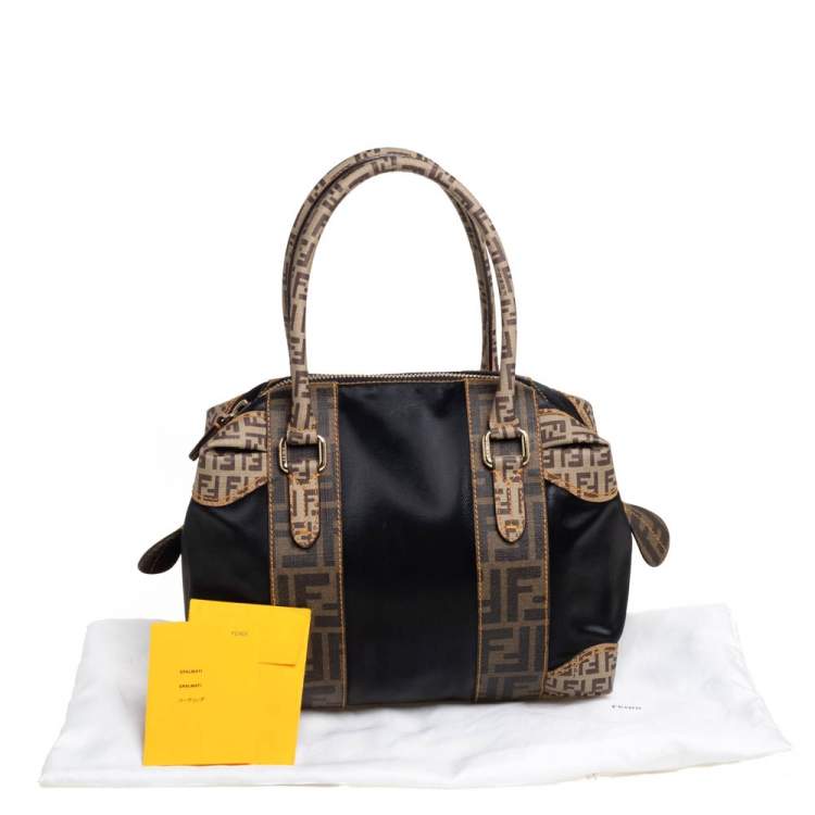 Pre Owned Fendi Black/Tobacco Zucca Coated Canvas and Nylon Boston Bag