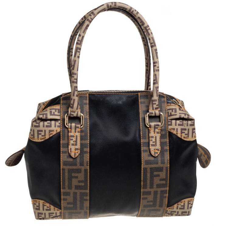 Pre Owned Fendi Black/Tobacco Zucca Coated Canvas and Nylon Boston Bag