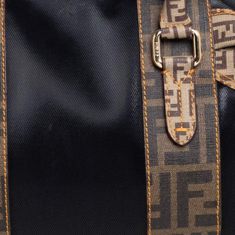 Pre Owned Fendi Black/Tobacco Zucca Coated Canvas and Nylon Boston Bag