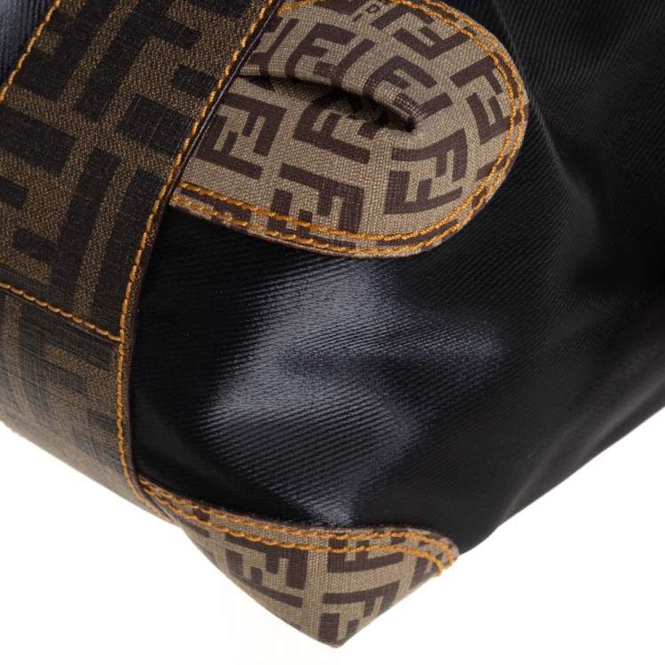 Pre Owned Fendi Black/Tobacco Zucca Coated Canvas and Nylon Boston Bag