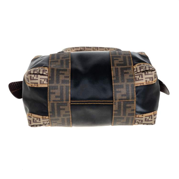 Pre Owned Fendi Black/Tobacco Zucca Coated Canvas and Nylon Boston Bag