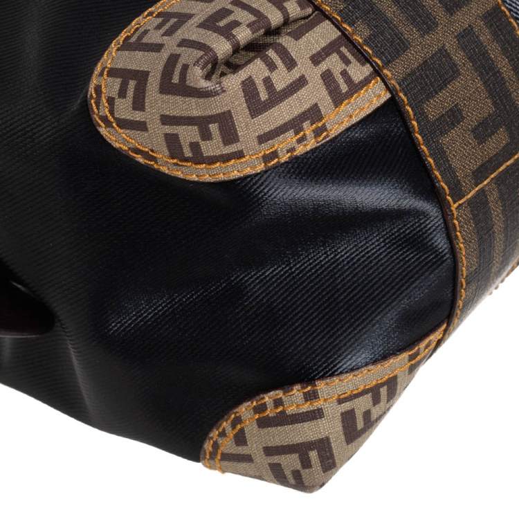 Pre Owned Fendi Black/Tobacco Zucca Coated Canvas and Nylon Boston Bag